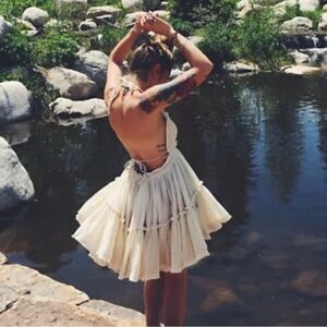 NEW Plunge Halter Dot Ruffle Mini Sundress Summer Off White Cream Ivory